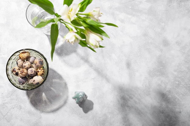 Des œufs de caille sur le bol et des fleurs de printemps blanches sur le fond gris