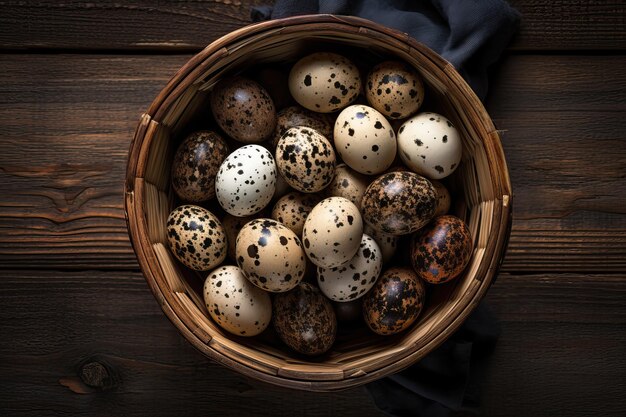 Des œufs de caille dans un beau bol en bois sur une table en bois