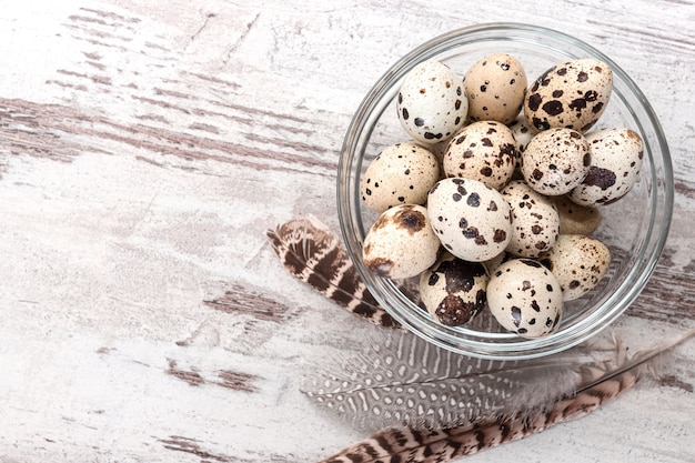 Oeufs de caille dans un bol en verre et plumes sur table en bois