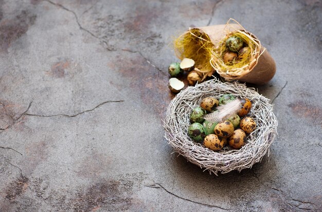 Oeufs de caille dans un nid sur fond gris