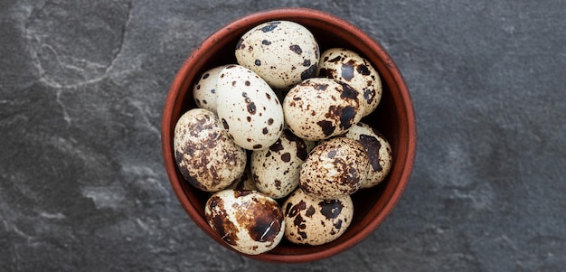 Oeufs de caille sur fond Produits naturels Place pour le texte Oeufs de caille frais