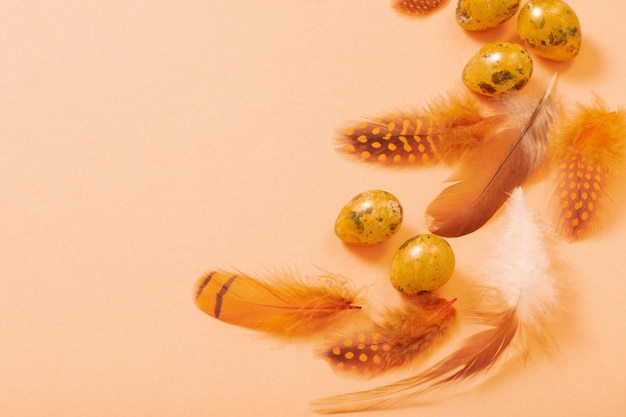 Oeufs de caille d'or de Pâques sur le fond en pastel