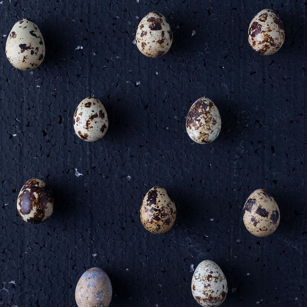 Oeufs de caille sur une vue de dessus de fond noir