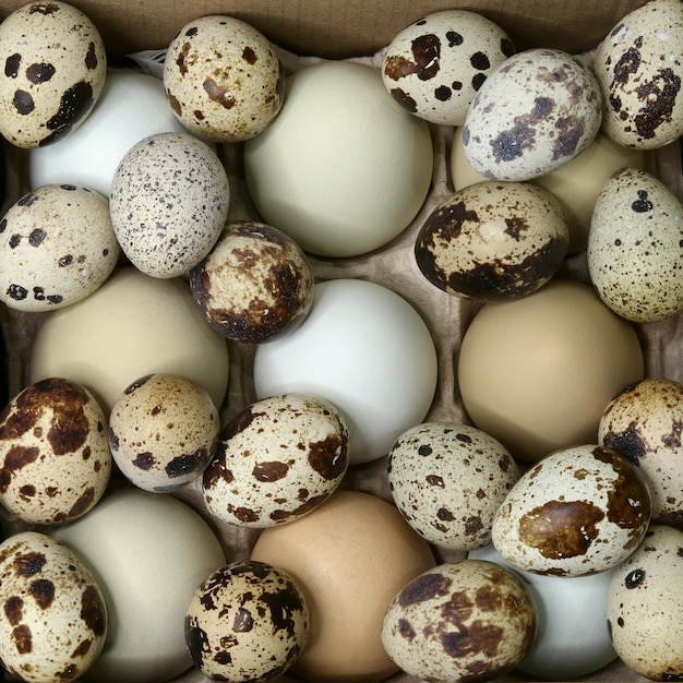 Oeufs de caille vue de dessus thème de Pâques