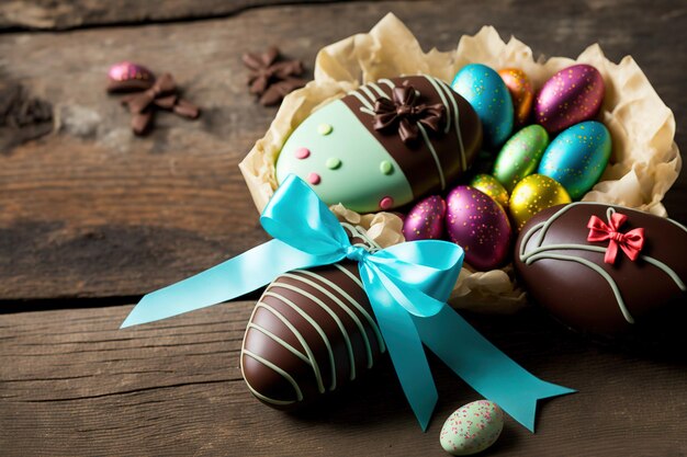 Photo oeufs en chocolat de pâques sur un fond en bois avec des arcs de ruban colorés