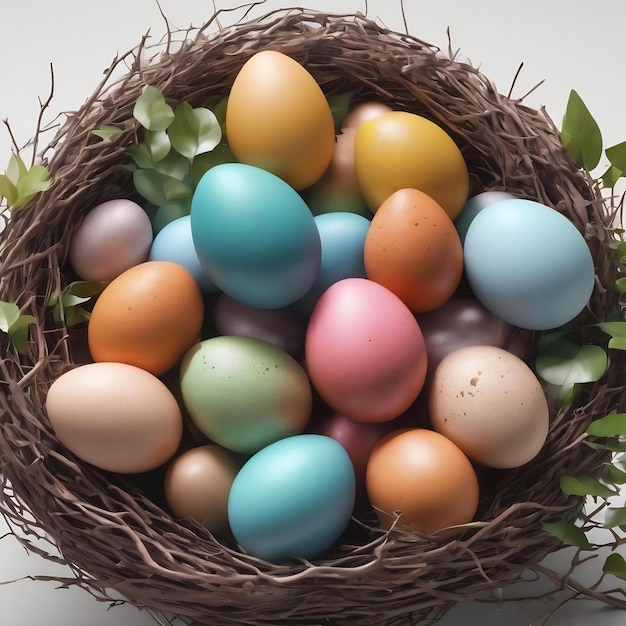 Des œufs colorés dans des nids avec des branches de plantes et des bonbons