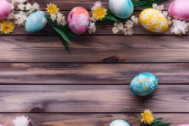 Oeufs colorés et décorations florales sur un fond de bois avec espace d'écriture Joyeuses Pâques