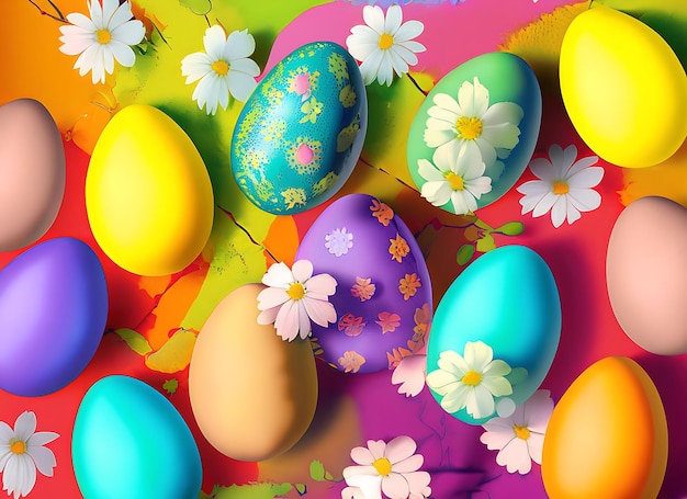 Des œufs colorés symbolisant Pâques sur un fond coloré et des fleurs