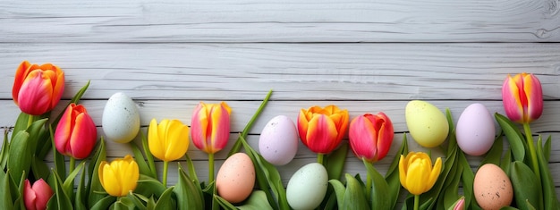 Des œufs colorés et des tulipes colorées sur un fond en bois gris clair Banner de décoration de style Pâques Hol