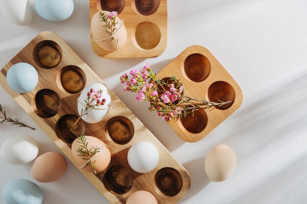 Oeufs de couleur naturelle dans une boîte à oeufs en bois et des fleurs avec des lumières du soleil. Compositions élégantes aux couleurs pastel. Concept écologique.