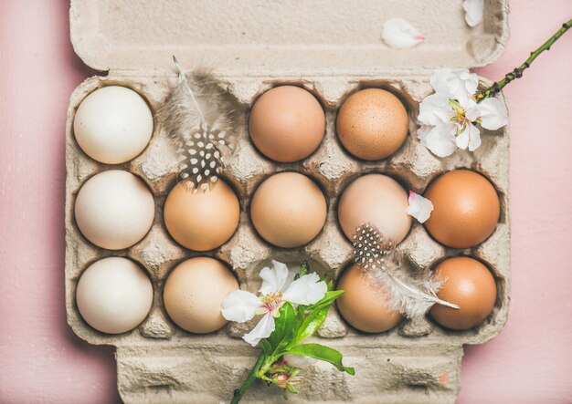 Oeufs de couleur naturelle et fleur d'amandier pour Pâques en boîte