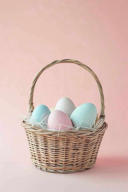 Des œufs de couleur pastel dans le panier sur un fond rose clair