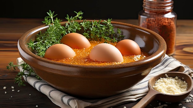 oeufs dans un bol avec une bouteille d'eau