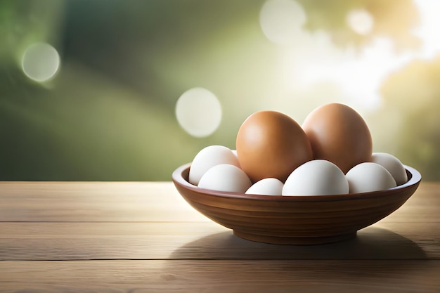 Oeufs dans un bol sur une table avec un arrière-plan flou