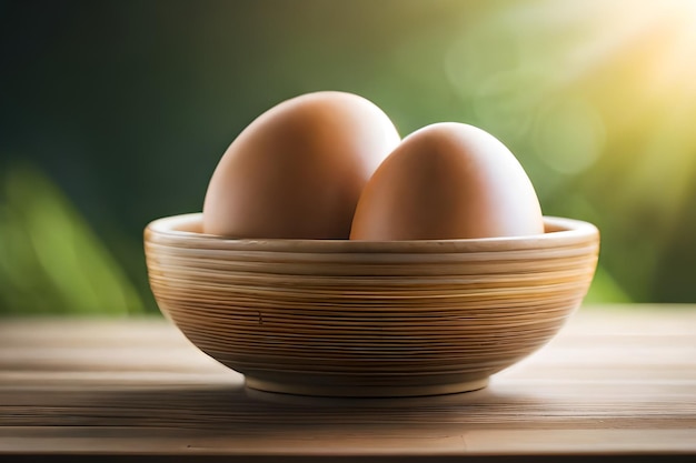 Oeufs dans un bol sur une table en bois