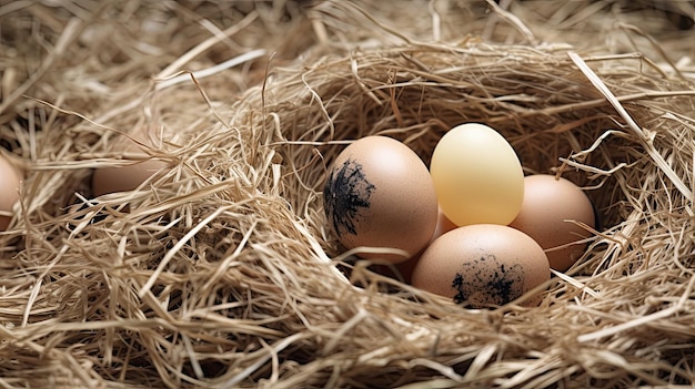 Oeufs dans un nid avec l'un d'eux a un arbre noir dessus.