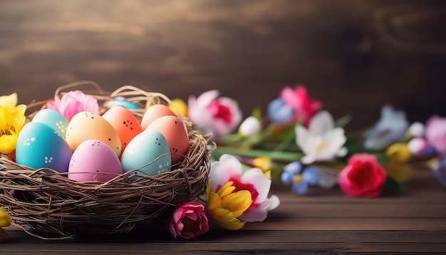 Des œufs dans un panier avec des fleurs sur une table en bois concept de Pâques