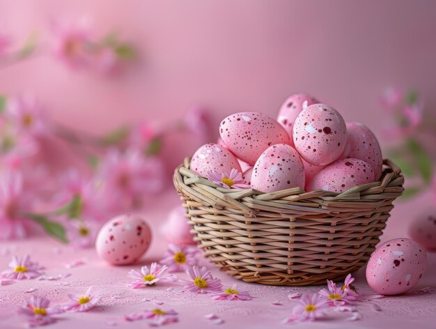 Des œufs dans un panier sur fond rose