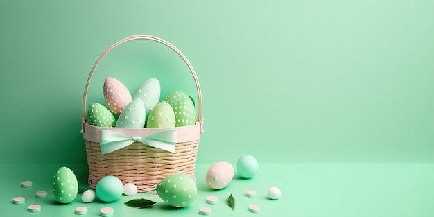 Oeufs dans le panier isolés sur fond vert avec espace de copie pour les vacances de printemps de pâques