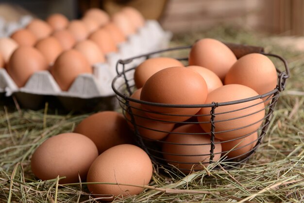 Oeufs dans le panier en osier sur le plan rapproché de table