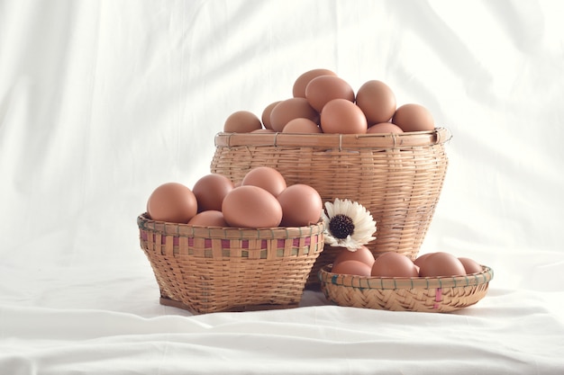 Oeufs dans le panier rempli vintage isolé sur fond blanc