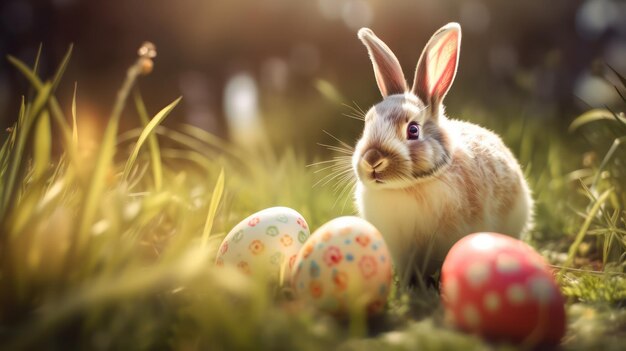 Oeufs décorés de lapin de Pâques et lapin mignon dans la prairie printanière ensoleillée avec des lumières abstraites défocalisées