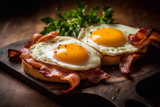 Des œufs avec du bacon sur une assiette d'un restaurant servant Close Up Generative AI