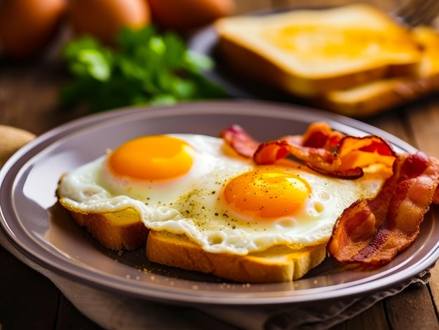 Oeufs sur du pain grillé sur une assiette avec du bacon