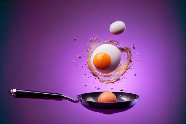 Des œufs entiers et frits au-dessus d'une poêle à frire flottent dans l'air sur une violette L'heure du petit-déjeuner générée par l'IA