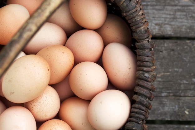 Oeufs de ferme bruns dans un vieux panier fait main avec vue de dessus