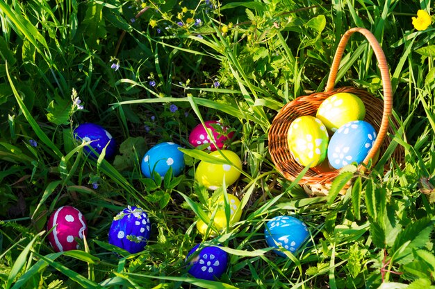 oeufs et feuilles de Pâques multicolores