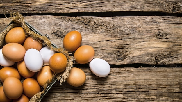 Oeufs frais de la boîte sur table en bois