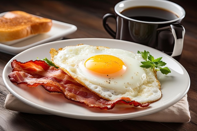 Des œufs frits au soleil à côté de bacon rôti avec une tasse de café isolée sur un fond blanc
