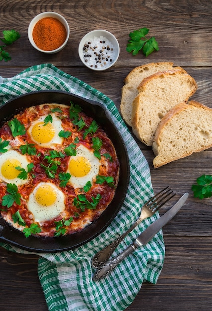 Oeufs frits aux légumes et sauce tomate dans une poêle en fer sur table en bois rustique, vue du dessus