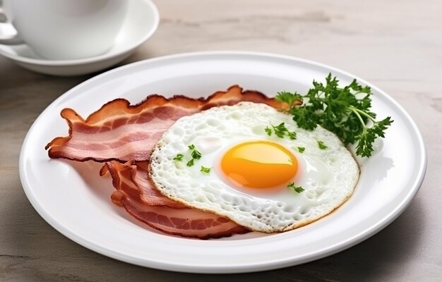 des œufs frits avec du bacon sur une assiette blanche décorée de persil