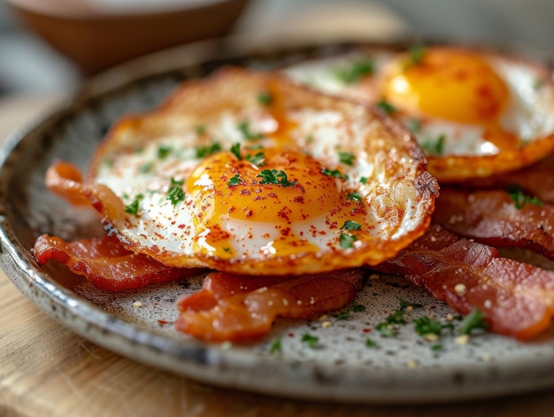 Des œufs frits avec du bacon sur assiette.