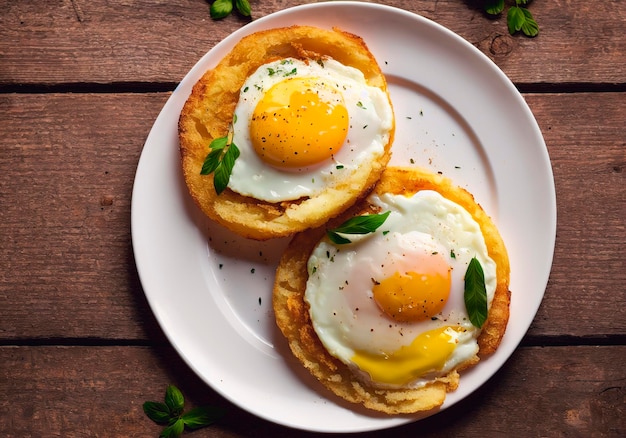 Des œufs frits sur du pain grillé sur un fond en bois