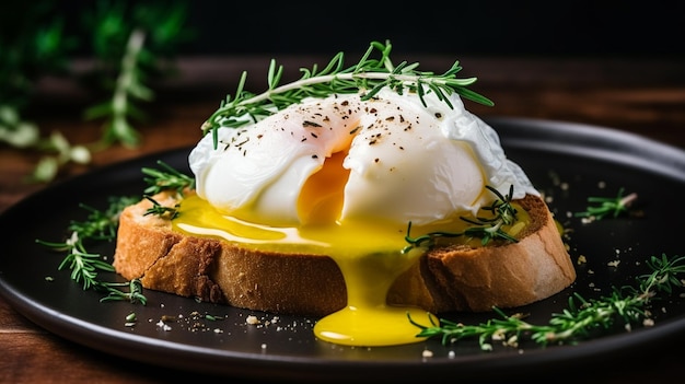 des œufs frits avec des toasts et des herbes