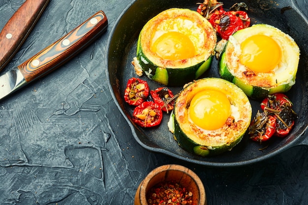 Oeufs frits avec tomates cerises dans une poêle