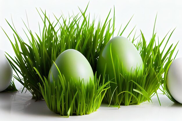 Oeufs impressionnants dans l'herbe verte sur le blanc