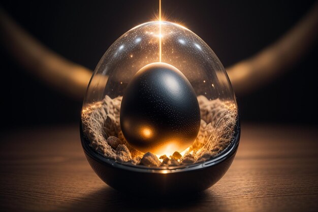 Des œufs à l'intérieur d'une boule de verre sur le bureau sous la lumière naturelle gros plan fond de papier peint créatif