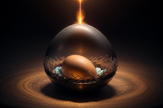 Des œufs à l'intérieur d'une boule de verre sur le bureau sous la lumière naturelle gros plan fond de papier peint créatif
