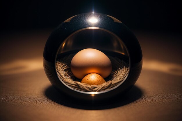 Des œufs à l'intérieur d'une boule de verre sur le bureau sous la lumière naturelle gros plan fond de papier peint créatif