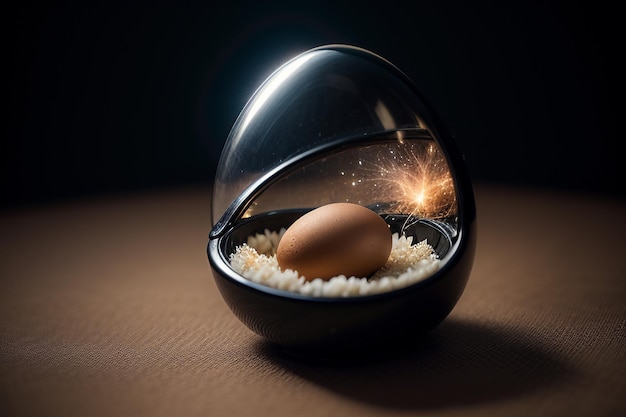 Des œufs à l'intérieur d'une boule de verre sur le bureau sous la lumière naturelle gros plan fond de papier peint créatif