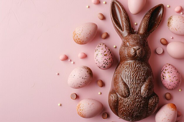 Des œufs de lapin de Pâques au chocolat et des bonbons sur un fond bleu pastel Delicious Pâques