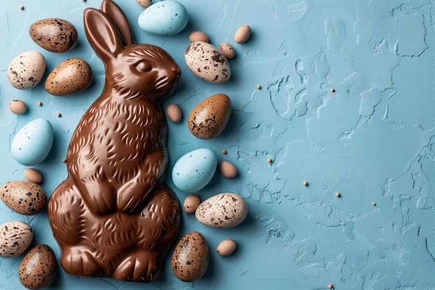 Des œufs de lapin de Pâques au chocolat et des bonbons sur un fond bleu pastel Delicious Pâques