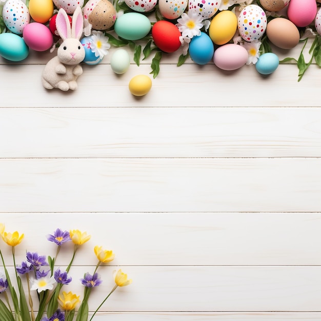 Oeufs et lapin vibrants de joie de Pâques sur bois rustique