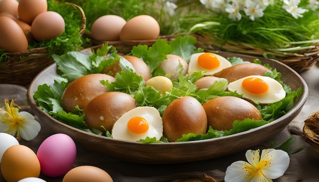 les œufs avec des œufs et des légumes verts sont affichés dans un panier
