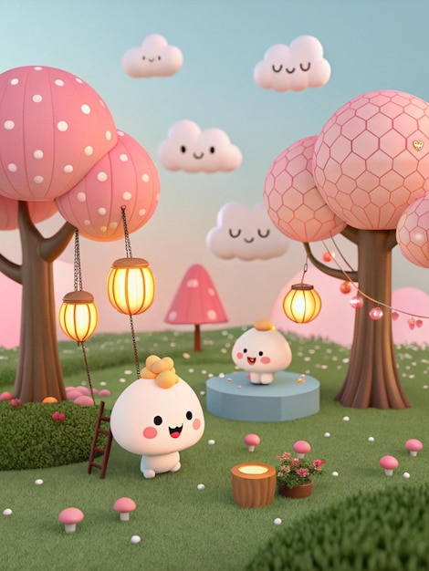 Des œufs de Pâques en 3D avec des fleurs et de l'herbe en arrière-plan