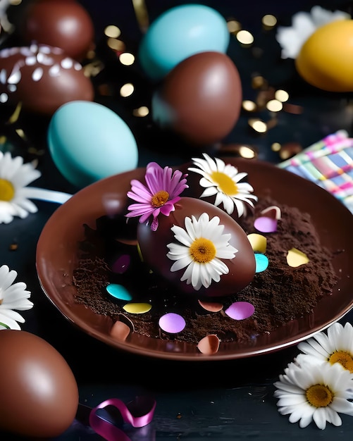 Photo des œufs de pâques au chocolat décorés et des marguerites